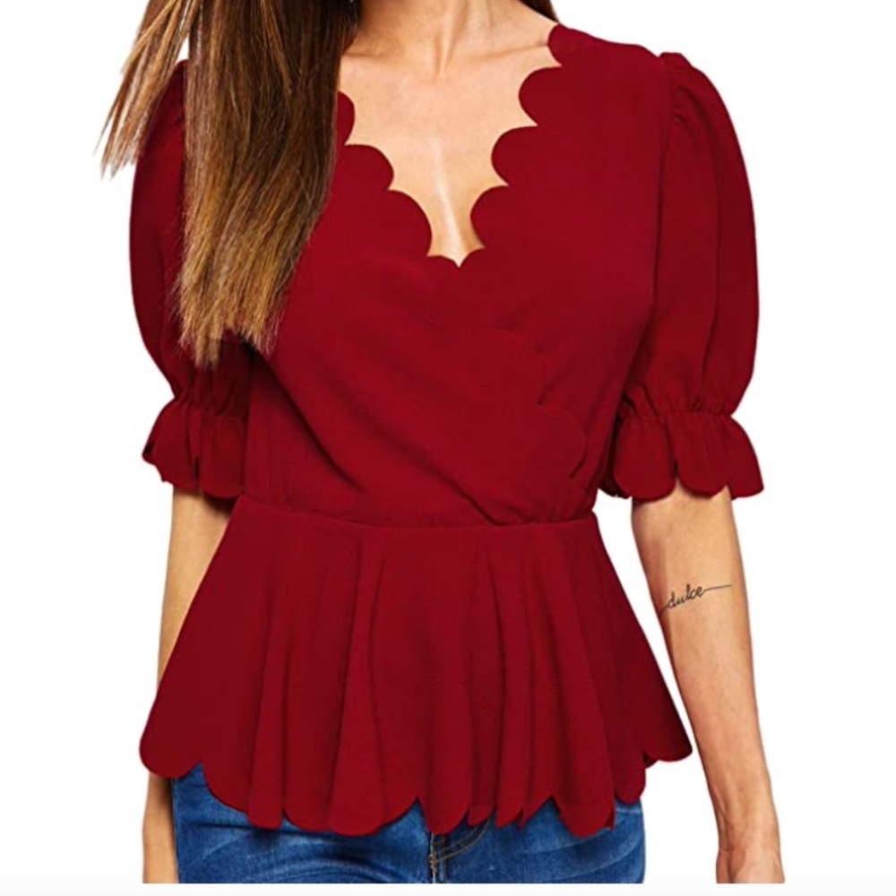 Verdusa Women's Scalloped Trim Wrap Front Half Sleeve Peplum Blouse Top